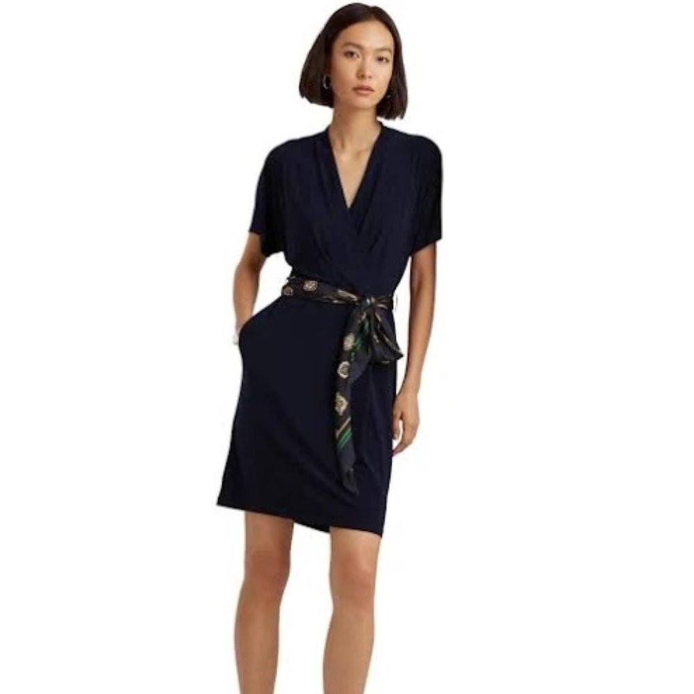 Lauren Ralph Lauren Medallion-Belt Jersey Dress in Lighthouse Navy, Sz 6 NWT